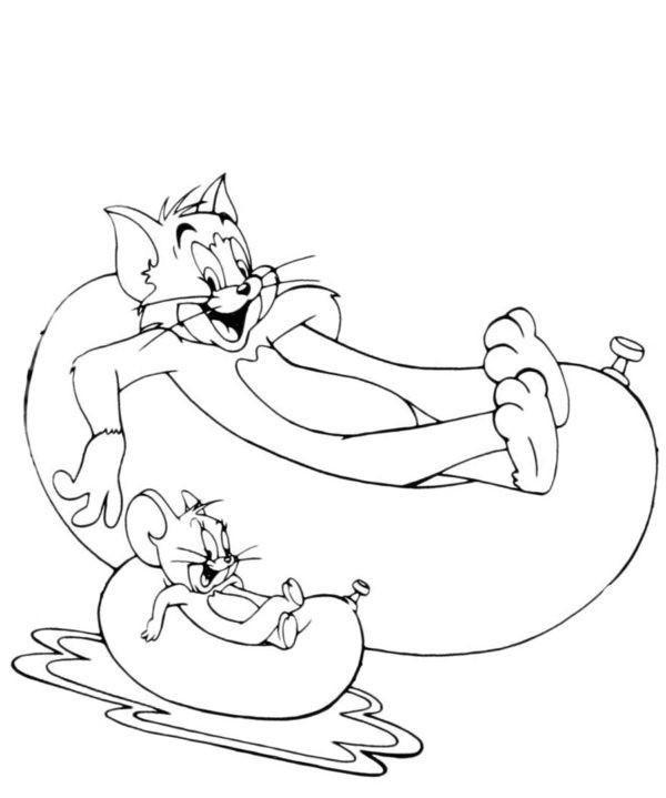Tom i Jerry pływają na pontonach kolorowanka do druku